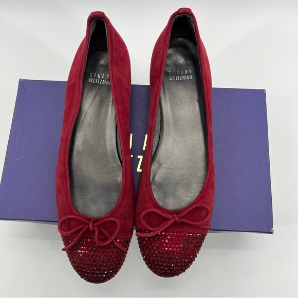 Stuart Weitzman Suede Ballet Flats Sz 8 N Scarlet Bow Rhinestone Bling Slipper - Picture 11 of 12